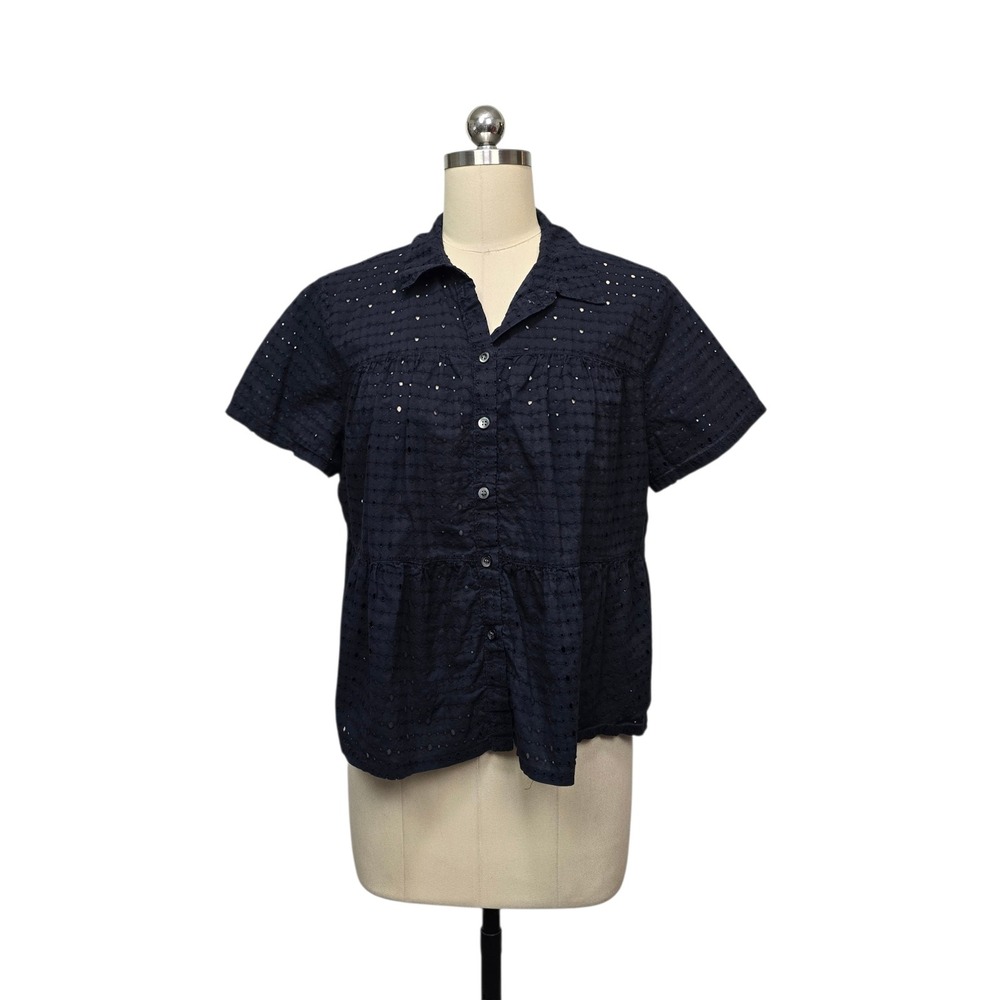Madewell Navy Blue Eyelet Lace Tiered Button Up Babydoll Top Womens Size Large